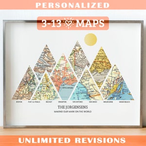 Personalized Milestones Map™ Print: 3-13 locations mountain wall art Custom Travel Poster, Wedding Gift & Anniversary Gift for couples image 1