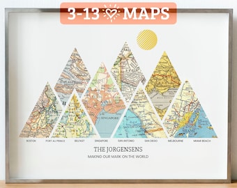 Personalisierter Milestones Map™ Print: 3-13 Standorte Bergwandkunst - Individuelles Reiseposter, Hochzeitsgeschenk & Jahrestagsgeschenk für Paare