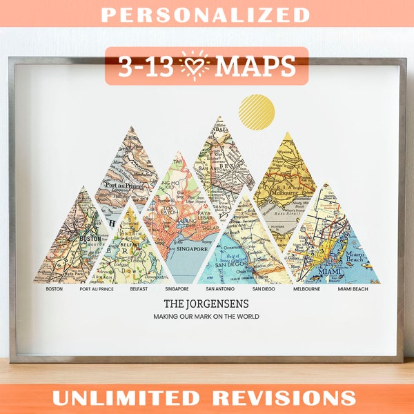 Impresión personalizada de Milestones Map™: Arte de pared de montaña de 3 a 13 ubicaciones - Póster de viaje personalizado, regalo de boda y regalo de aniversario para parejas