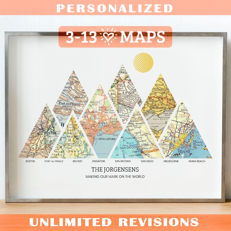 Personalized Milestones Map™ Print: 3-13 locations mountain wall art Custom Travel Poster, Wedding Gift & Anniversary Gift for couples image 1
