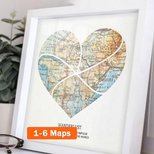 Personalized Heart Map Print: 1-6 locations, "Curved Split" style heart wall art - Custom Travel Poster, Wedding & Anniversary Gift