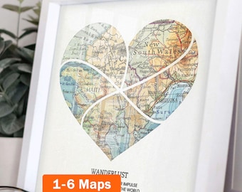 Personalized Heart Map Print: 1-6 locations, "Curved Split" style heart wall art - Custom Travel Poster, Wedding & Anniversary Gift