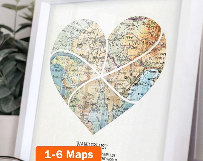 Personalized Heart Map Print: 1-6 locations, "Curved Split" style heart wall art - Custom Travel Poster, Wedding & Anniversary Gift