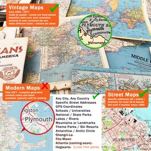 May include: A collage of vintage and modern maps with text describing the different types of maps. The vintage maps are hand-drawn and feature beautiful colors. The modern maps are computer-generated and have minimal colors and detail. The text also lists the types of locations that can be found on each type of map, such as cities, countries, schools, universities, national parks, lakes, rivers, mountains, landmarks, theme parks, ski resorts, Antarctica, the Arctic Circle, Shangri-La, the Moon, Atlantis, and Hogwarts.