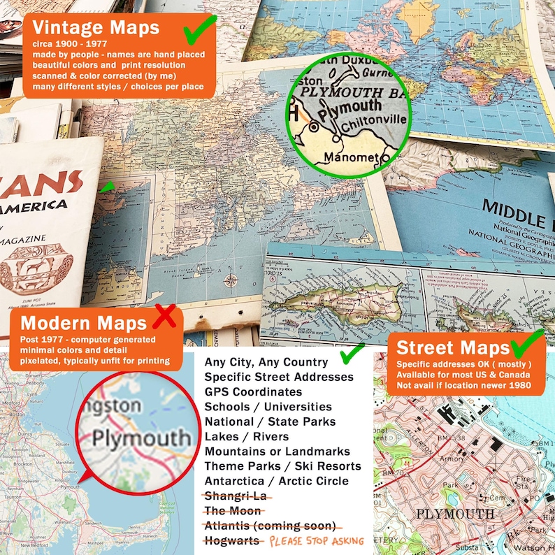 May include: A collage of vintage and modern maps with text describing the different types of maps. The vintage maps are hand-drawn and feature beautiful colors. The modern maps are computer-generated and have minimal colors and detail. The text also lists the types of locations that can be found on each type of map, such as cities, countries, schools, universities, national parks, lakes, rivers, mountains, landmarks, theme parks, ski resorts, Antarctica, the Arctic Circle, Shangri-La, the Moon, Atlantis, and Hogwarts.