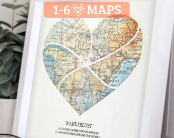 Customized Heart Map Print: 1-5 Locations Heart Wall Art - Meaningful Housewarming, Shower, Wedding, or Anniversary Gift Curved