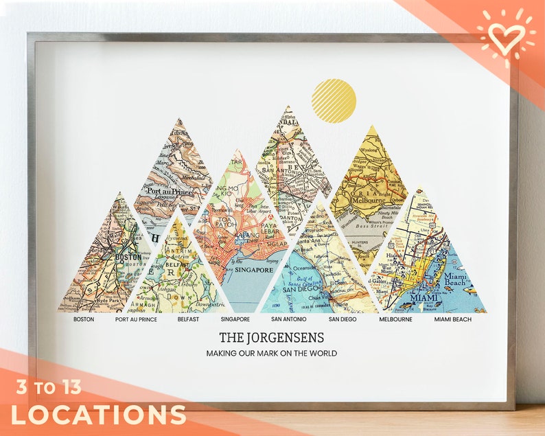 Personalized Milestones Map™ Print: 3-8 locations mountain wall art - Custom Travel Poster, Wedding Gift & Anniversary Gift for couples 