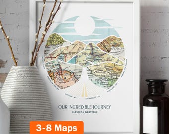 Customizable Wanderlust Roadtrip™ Print: 3-8 locations mountain wall art - Custom Travel Poster, Wedding Gift & Anniversary Gift for couples