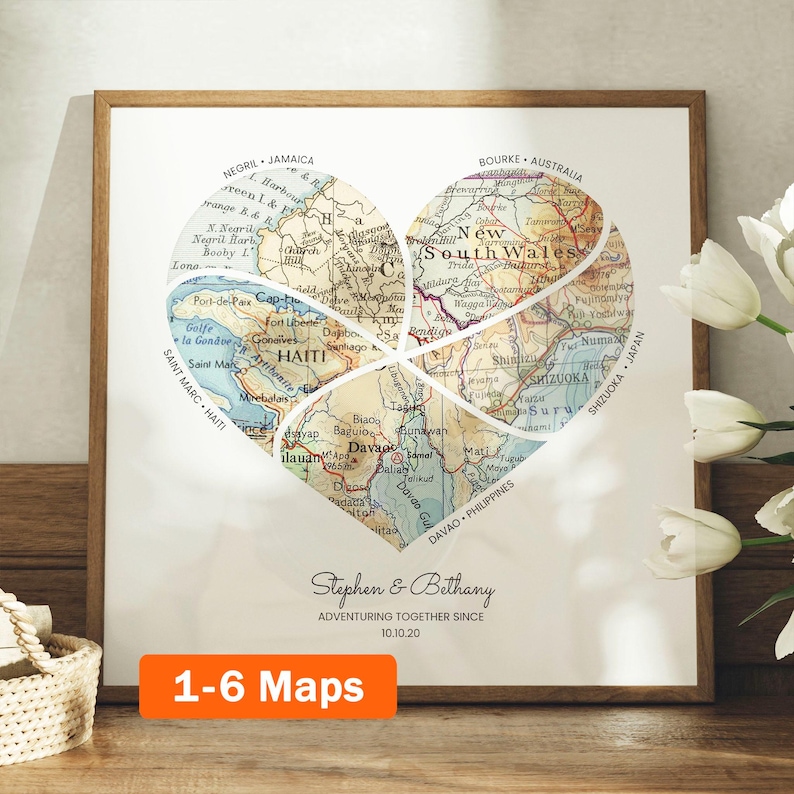 Custom Map Print! Art Anniversary Gift for Him. personalized customized wedding engagement valentines her wife heart love present labels image 1