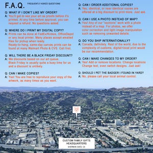 May include: A frequently asked questions (FAQ) page with a list of questions and answers about custom family gifts. The page includes information about ordering, printing, shipping, and discounts. The page also includes a photo of a city skyline.