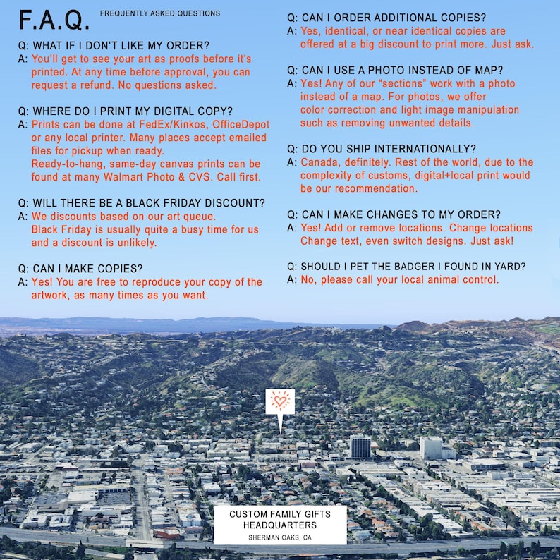 May include: A frequently asked questions (FAQ) page with a list of questions and answers about custom family gifts. The page includes information about ordering, printing, shipping, and discounts. The page also includes a photo of a city skyline.