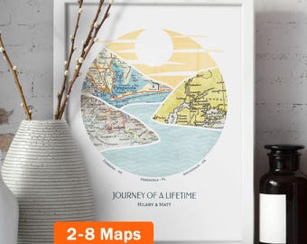 Personalized Journey Map™ Print: 2-8 locations mountain wall art - Custom Travel Poster, Wedding Gift & Anniversary Gift for couples