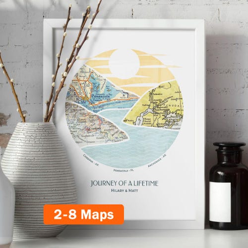 Impression personnalisée Journey Map™ : 2-8 lieux art mural montagne - affiche de voyage personnalisée, cadeau de mariage et cadeau d'anniversaire pour les couples