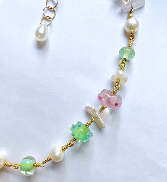 lampwork beads and freshwater pearls 18k gold plated jewelry wire Green and pink beaded necklace Fairy core necklace handmade choker.