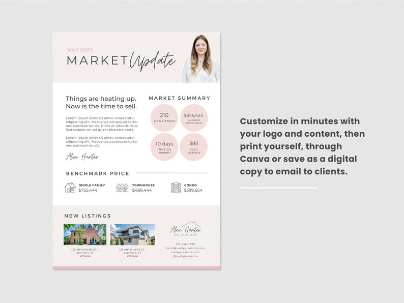 Op de afbeelding: Een roze en witte flyer met een update over de vastgoedmarkt met een foto van een vrouw in de rechterbovenhoek. De flyer bevat tekst over de huidige markt, benchmarkprijzen en nieuwe aanbiedingen. De tekst "MAY 2022 MARKET Update" staat bovenaan de flyer.