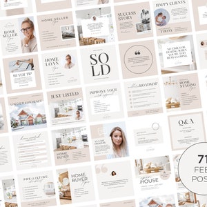 May include: A collage of 71 Instagram feed posts for a real estate agent. The posts feature a variety of topics related to buying and selling homes, including home staging, open houses, and buyer tips. The posts are designed in a minimalist style with a neutral color palette.