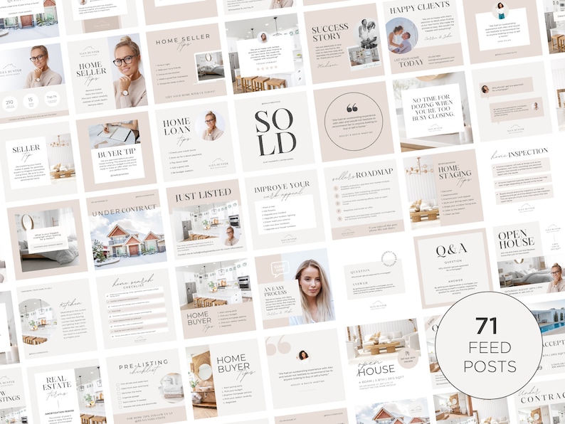 May include: A collage of 71 Instagram feed posts for a real estate agent. The posts feature a variety of topics related to buying and selling homes, including home staging, open houses, and buyer tips. The posts are designed in a minimalist style with a neutral color palette.
