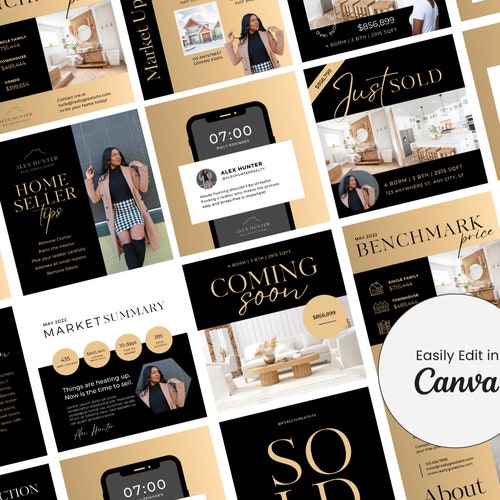 Real Estate Template Social Media | Gold, Black, Realtor Branding, Instagram Templates, Editable, Canva, Real Estate Agent
