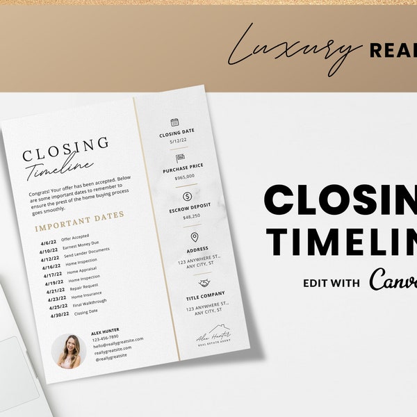 Real Estate Agent Closing Timeline | Gold Luxury Realtor Template, Realtor Logo, Real Estate Agent , Marketing, Canva, Under Contract