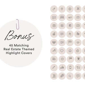May include: A set of 45 black and white real estate themed highlight covers. The covers are in a circle shape with a light brown background. The icons include a house, a key, a heart, a dollar sign, a camera, a car, a briefcase, a calendar, a magnifying glass, a paintbrush, a laptop, a palm tree, a champagne glass, a diamond, a chat bubble, a location pin, a pencil, a door, a shoe, a flag, a ladder, a dog, a plane, and more.