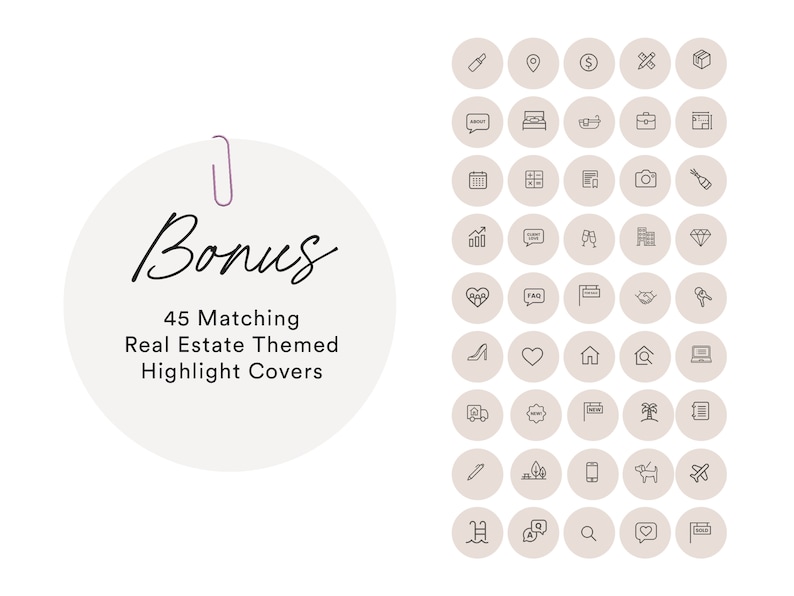 May include: A set of 45 black and white real estate themed highlight covers. The covers are in a circle shape with a light brown background. The icons include a house, a key, a heart, a dollar sign, a camera, a car, a briefcase, a calendar, a magnifying glass, a paintbrush, a laptop, a palm tree, a champagne glass, a diamond, a chat bubble, a location pin, a pencil, a door, a shoe, a flag, a ladder, a dog, a plane, and more.