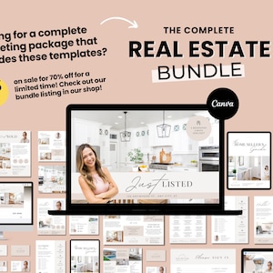 May include: A collection of digital marketing templates for real estate agents. The templates include a variety of designs, such as "Just Listed", "Home Sellers Guide", and "Market Report". The templates are designed to be used with Canva.