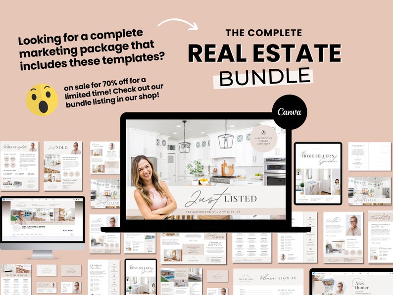 May include: A collection of digital marketing templates for real estate agents. The templates include a variety of designs, such as "Just Listed", "Home Sellers Guide", and "Market Report". The templates are designed to be used with Canva.