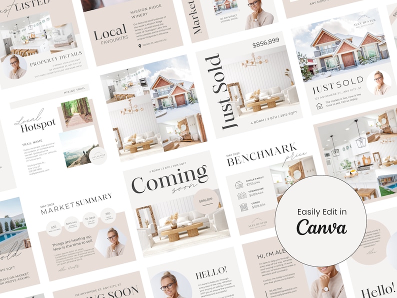 May include: A collection of social media graphics for real estate agents. The graphics feature a variety of images, including homes, landscapes, and people. The graphics also include text such as "Just Sold", "Coming Soon", and "Local Hotspot".