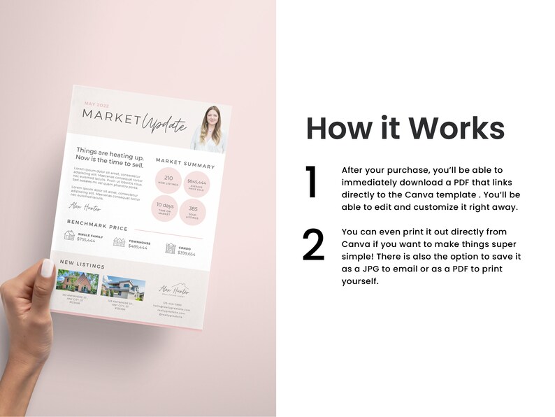 Op de afbeelding: Een roze en witte flyer met een update over de vastgoedmarkt met een foto van een vrouw in de rechterbovenhoek. De flyer bevat tekst die zegt "MEI 2023 MARKT-Update" en "De zaken warmen op. Nu is het tijd om te verkopen." De flyer bevat ook een marktsamenvatting met informatie over het aantal dagen op de markt, de gemiddelde verkoopprijs en het aantal nieuwe aanbiedingen. De flyer bevat ook een sectie over benchmarkprijzen voor eengezinswoningen, rijtjeshuizen en appartementen. De flyer bevat ook een sectie over nieuwe aanbiedingen met foto's van drie huizen.