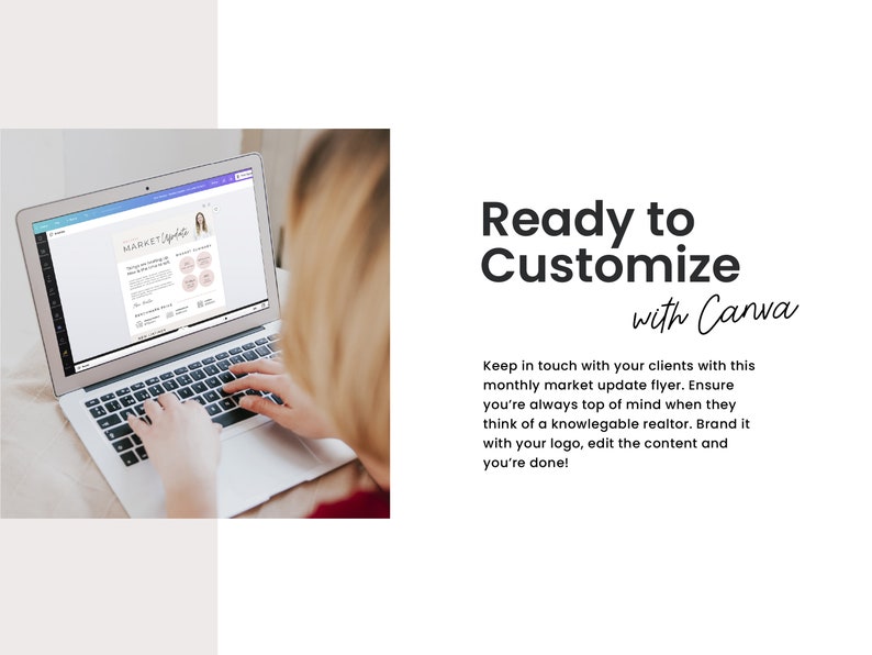 Op de afbeelding: Een persoon werkt op een laptop. Het scherm toont een flyer met een update van de vastgoedmarkt met de tekst "MARKET Update". De tekst "Ready to Customize with Canva" wordt aan de rechterkant van de afbeelding weergegeven.