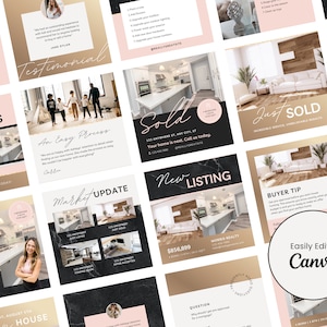 Modèles Instagram pour agent immobilier | Or, logo rose, motif sur toile modifiable