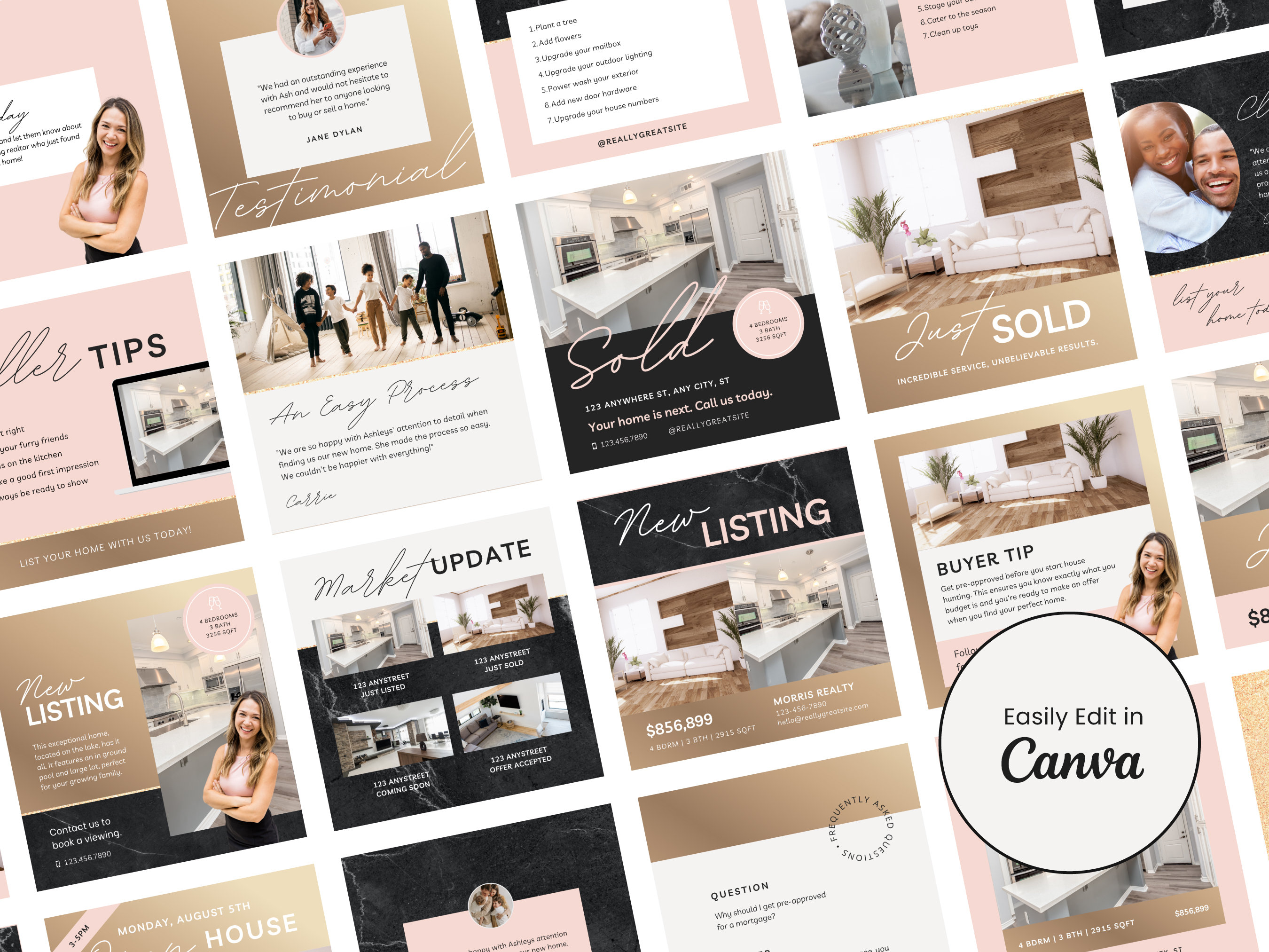Modern Real Estate Instagram Templates | Social Media, Gold, Pink, Realtor Branding, Luxury Realtor, Editable Branding, Canva, Professional