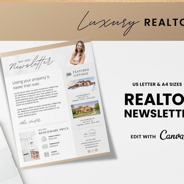 Real Estate Agent Realtor Newsletter Flyer | Gold Luxury Realtor Template, Realtor Logo, Real Estate Agent , Marketing, Canva