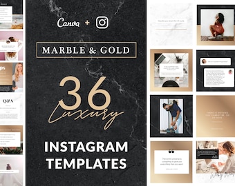 May include: A set of 36 Instagram templates featuring a marble and gold design. The templates are perfect for bloggers, entrepreneurs, and businesses. Canva + Instagram. Marble & Gold. 36 Luxury Instagram Templates.