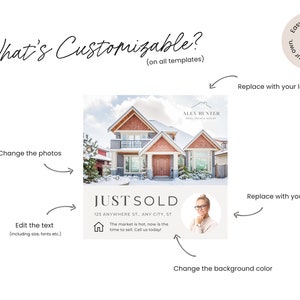 May include: A customizable real estate social media post template with a photo of a house, text that says "JUST SOLD", and a place to add your logo and photo. The template is easy to edit in Canva.
