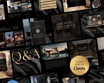 Luxury Real Estate Template Social Media | Black and Gold, Realtor Branding, Instagram Templates, Editable, Canva, Real Estate Agent