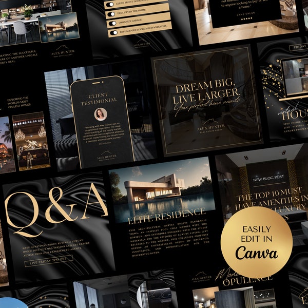 Realtor Instagram Templates | Black and Gold Real Estate Branding (Canva)