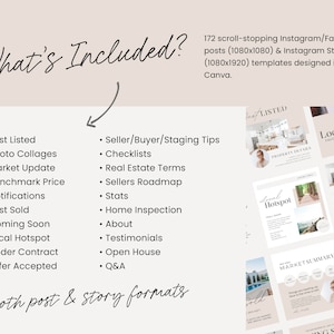 May include: A pink and white graphic design template for social media posts and stories. The template includes text that says "What's Included?" and lists various real estate related topics such as "Just Listed", "Photo Collages", "Market Update", "Benchmark Price", "Notifications", "Just Sold", "Coming Soon", "Local Hotspot", "Under Contract", "Offer Accepted", "Seller/Buyer/Staging Tips", "Checklists", "Real Estate Terms", "Sellers Roadmap", "Stats", "Home Inspection", "About", "Testimonials", "Open House", and "Q&A". The template also includes text that says "in both post & story formats".