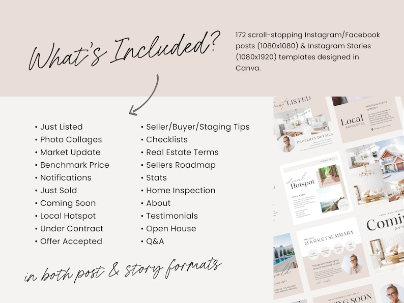 May include: A pink and white graphic design template for social media posts and stories. The template includes text that says "What's Included?" and lists various real estate related topics such as "Just Listed", "Photo Collages", "Market Update", "Benchmark Price", "Notifications", "Just Sold", "Coming Soon", "Local Hotspot", "Under Contract", "Offer Accepted", "Seller/Buyer/Staging Tips", "Checklists", "Real Estate Terms", "Sellers Roadmap", "Stats", "Home Inspection", "About", "Testimonials", "Open House", and "Q&A". The template also includes text that says "in both post & story formats".