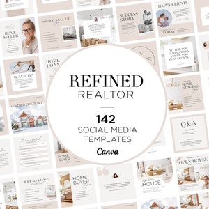 May include: A collage of 142 social media templates for real estate agents. The templates are designed in a neutral beige and white color scheme with black text. The templates feature images of homes, real estate agents, and other relevant imagery. The text on the templates includes phrases such as "Home Seller Tips", "Buyer Tip", "Open House", "Home Staging", and "Real Estate Listings".