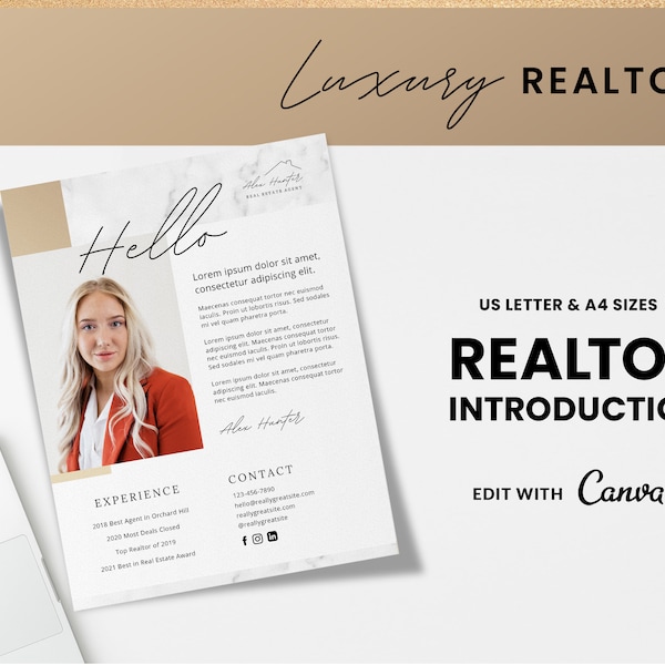 Real Estate Agent Introduction About Me Letter | Gold Luxury Realtor Template, Realtor Logo, Real Estate Agent , Marketing, Canva