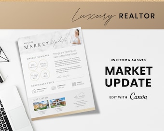 Makelaarsmarktupdate Nieuwsbrief Flyer | Gouden luxe makelaar sjabloon, makelaar logo, makelaar, marketing, Canva