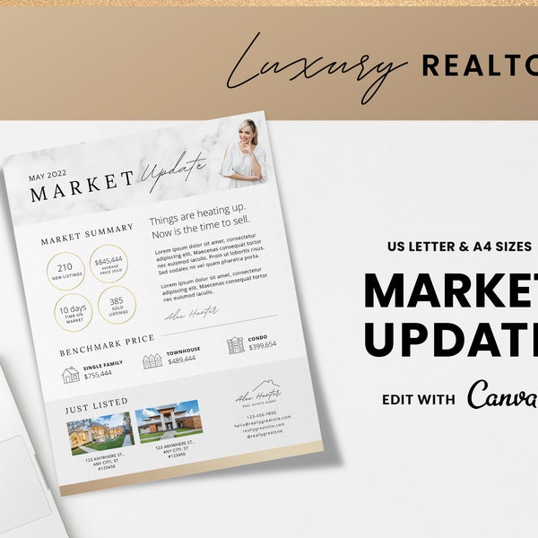 Real Estate Agent Market Update Newsletter Flyer | Gold Luxury Realtor Template, Realtor Logo, Real Estate Agent , Marketing, Canva
