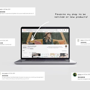 Op de afbeelding: Een laptopcomputer die een Etsy-winkelpagina weergeeft met een foto van een vrouw en een verzameling digitale producten. De naam van de winkel is Galaxybomb Design. De tekst "Favorite my shop to be notified of new products!" wordt boven de laptop weergegeven.