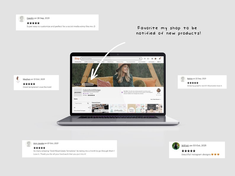 Op de afbeelding: Een laptopcomputer die een Etsy-winkelpagina weergeeft met een foto van een vrouw en een verzameling digitale producten. De naam van de winkel is Galaxybomb Design. De tekst "Favorite my shop to be notified of new products!" wordt boven de laptop weergegeven.