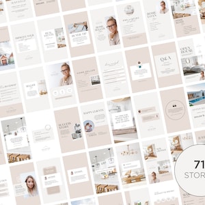 May include: A collage of 71 Instagram story templates for real estate agents. The templates feature a neutral color palette of beige and brown with gold accents. The templates include text such as "Just Listed", "Open House", "Home Buyer", and "Happy Clients".