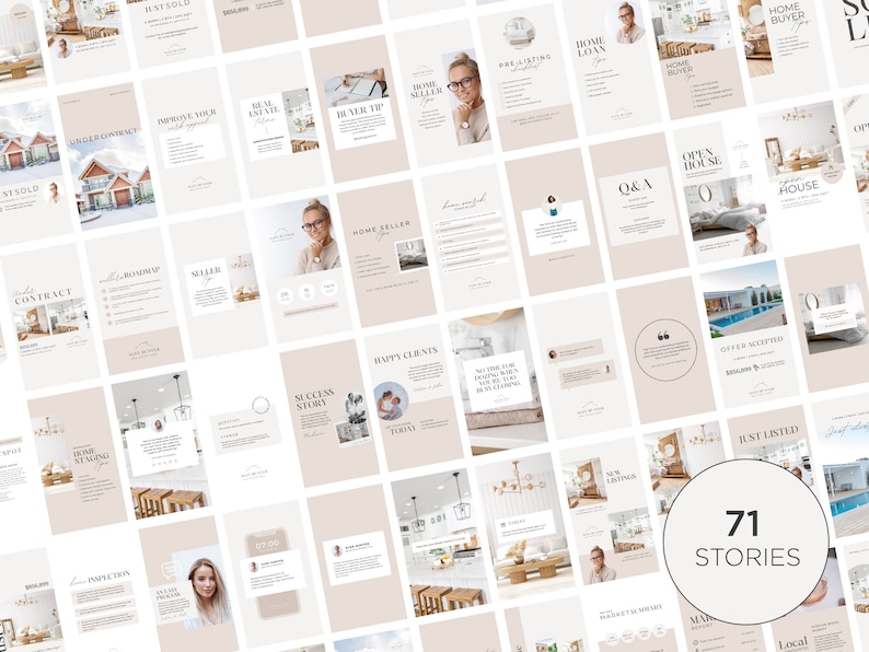 May include: A collage of 71 Instagram story templates for real estate agents. The templates feature a neutral color palette of beige and brown with gold accents. The templates include text such as "Just Listed", "Open House", "Home Buyer", and "Happy Clients".