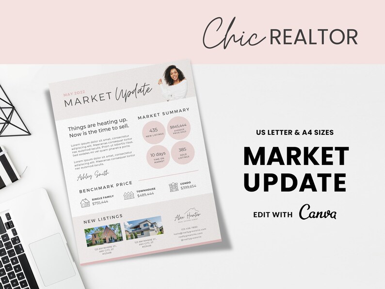 Op de afbeelding: Een roze en witte markt update flyer met de tekst "Chic REALTOR" bovenaan. De flyer bevat een foto van een vrouw, een marktoverzicht en een sectie voor nieuwe listings. De flyer is ontworpen om te worden bewerkt met Canva.