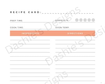 Printable Minimalist Recipe Card/Recipe Keeper/Downloadable/Digital File