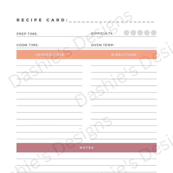 Printable Minimalist Recipe Card/Recipe Keeper/Downloadable/Digital File
